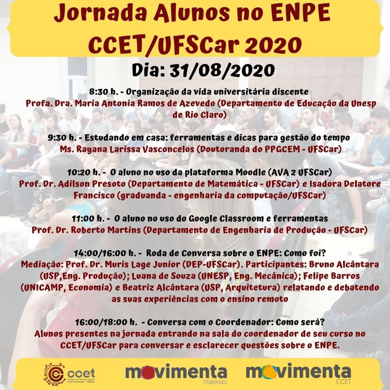 Programação Jornada alunos CCET no ENPE/UFSCar