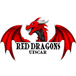 A imagem contém o busto de um dragão vermelho com a cabeça virada para o lado esquerdo e o nome Red Dragons UFSCar grafado na parte de baixo.